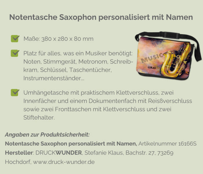 Notentasche Saxophon personalisiert mit Namen