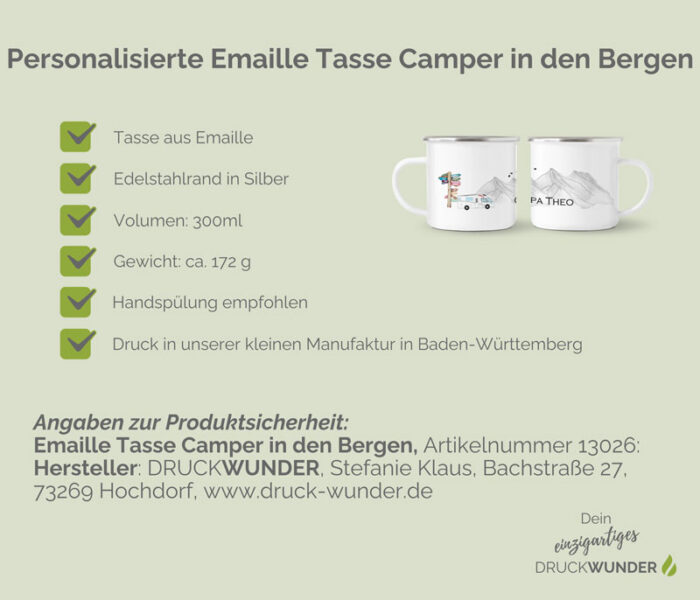 Personalisierte Emaille Tasse Camper in den Bergen: Hinweise