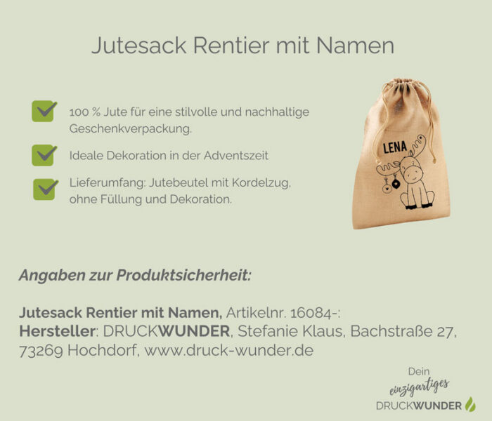 Jutesack Rentier mit Namen: Hinweise