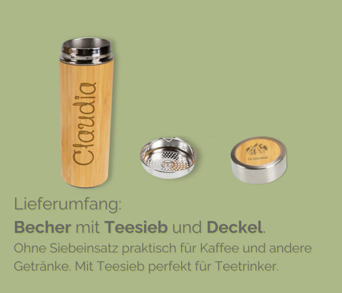 Individuell gravierter Bambusbecher mit Teesieb und Deckel