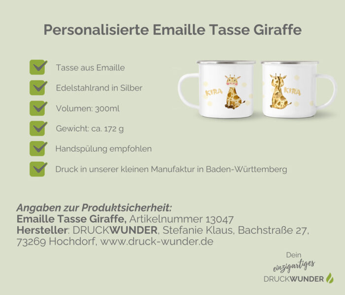 Personalisierter Emaille Tasse Giraffe: Hinweise