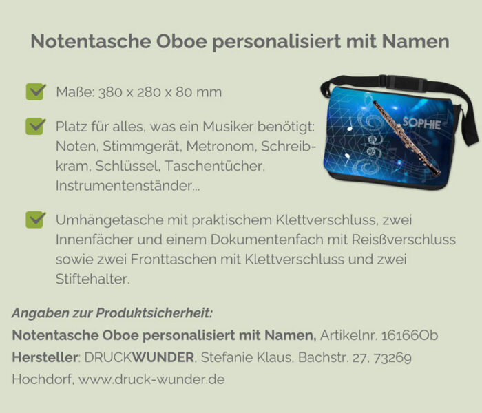 Notentasche Oboe mit Namen: Hinweise