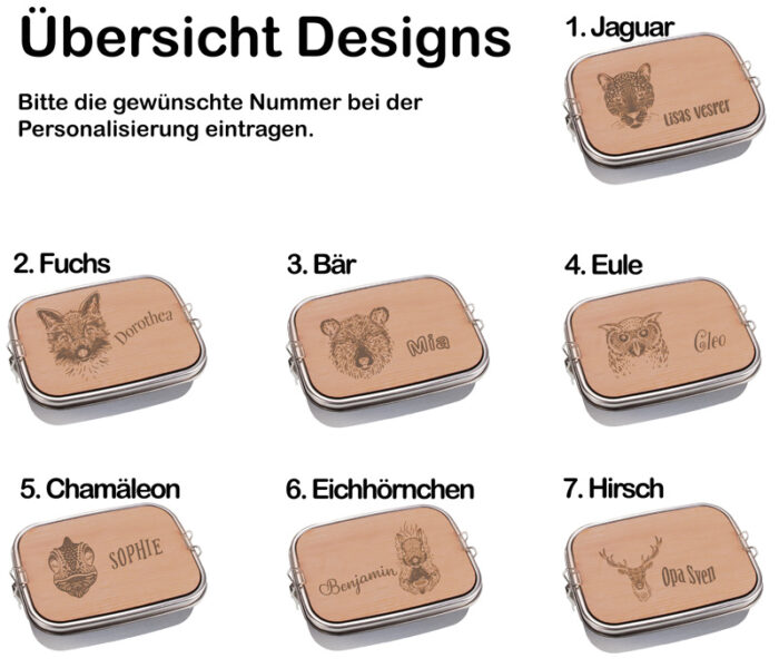 Personalisierte Edelstahl Brotdose mit verschiedenen Tiermotiven