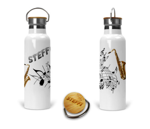 Personalisierte Edelstahl-Thermosflasche mit Saxophon & Noten weißer Hintergrund