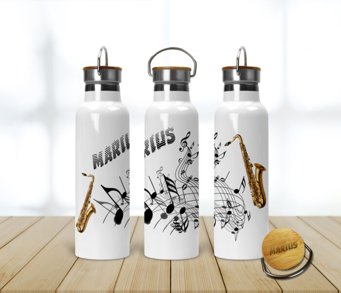Personalisierte Edelstahl-Thermosflasche mit Saxophon & Noten Rundumansicht