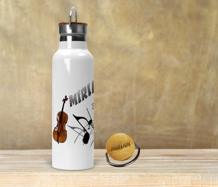 Trinkflasche personalisiert mit Namen und Cello für Manuela.