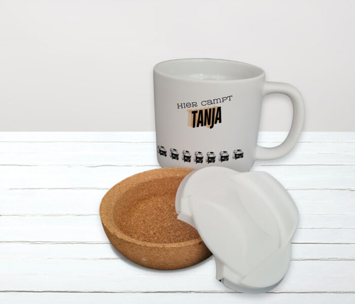 Personalisierte Camping Tasse Wohnmobil mit Korksockel und Deckel