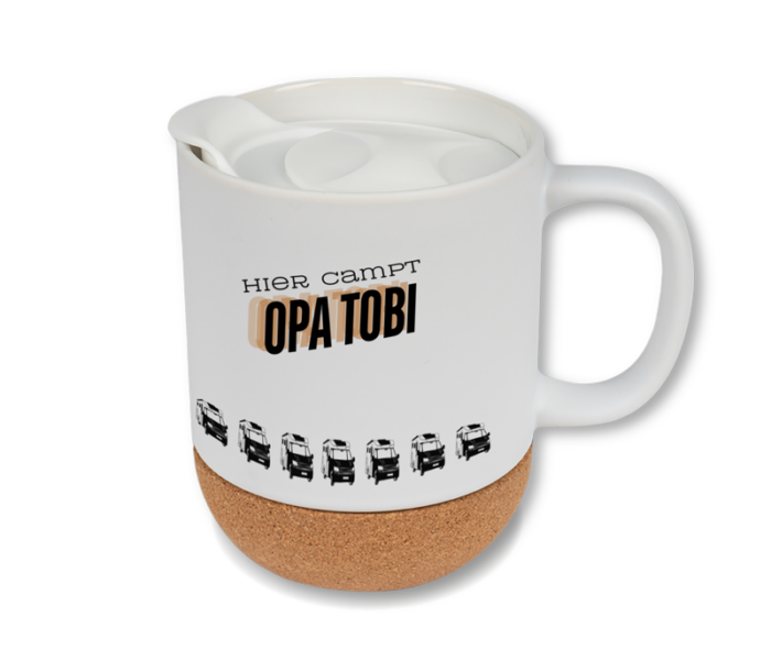 Personalisierte Camping Tasse mit Korksockel und Deckel