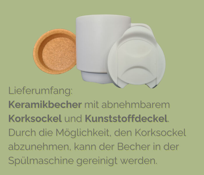 Lieferumfang personalisierte Camping Tasse mit Korksockel und Deckel