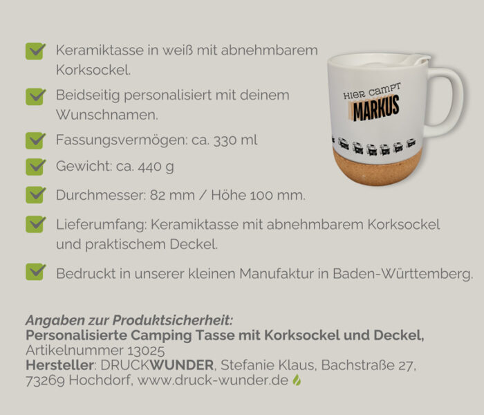 Personalisierte Camping Tasse mit Korksockel und Deckel: Hinweise und Angaben zur Produktsicherheit