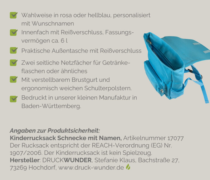 Kinderrucksack Schnecke mit Namen, Angaben zur Produktsicherheit