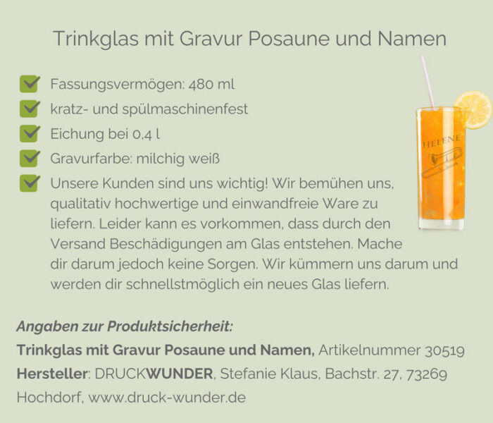 Trinkglas mit Gravur Posaune und Namen